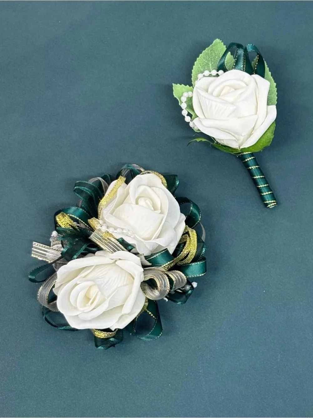 Wrist Corsage Wristlet and Men Boutonniere Set with Dark Green Ribbin